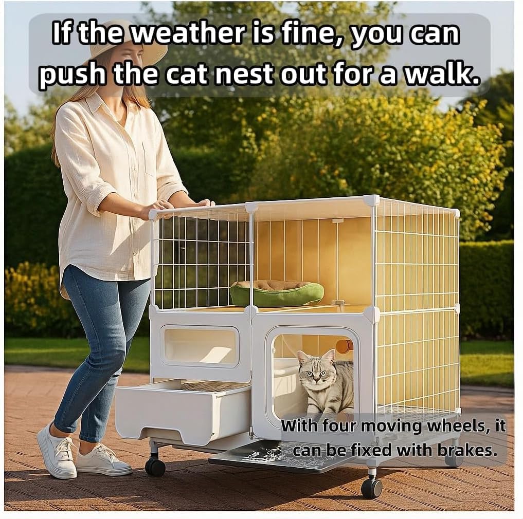 Indoor cat cage with Litter Box,Complimentary Cat Bed,Bow,lcat House with Wheels Outdoor,Large cat Villa Playpen,Small Animal Dog Kennel cat enclosures(42″(L) x18.2″(W) x32.4″(H))