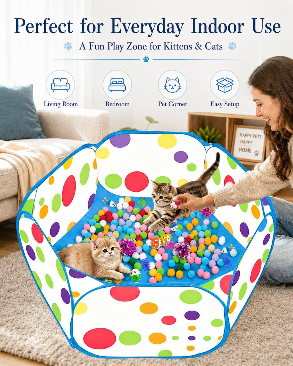 Cat Ball Pit with 227 Pcs Interactive Cat Toys, Enrichment Toys for Bored Indoor Cats Self Play, Include Pom Pom Balls Jingle and Crinkle Balls, Springs and Mice Toy for Kitten Fun and Exercise