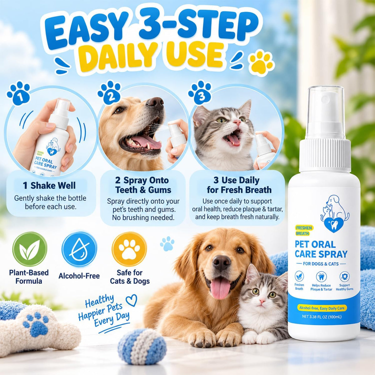 Pet Oral Care Spray, Dog & Cats Dental Spray for Dog Teeth Cleaning, Daily Dog Dental Care Cat Dental Care Solution, Breath Freshener & Plaque Tartar Control, Gum Health Support