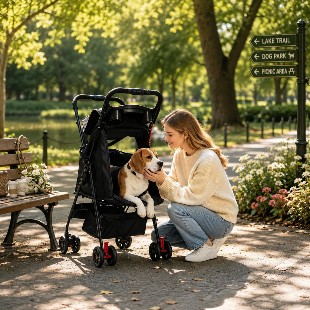 Dog Stroller, Pet Stroller with 4 Wheels, Foldable Dog Strollers for Small Medium Dogs & Cats, Cat Stroller with Storage Basket, Breathable Mesh, 360° Wheels & Rear Brakes Black