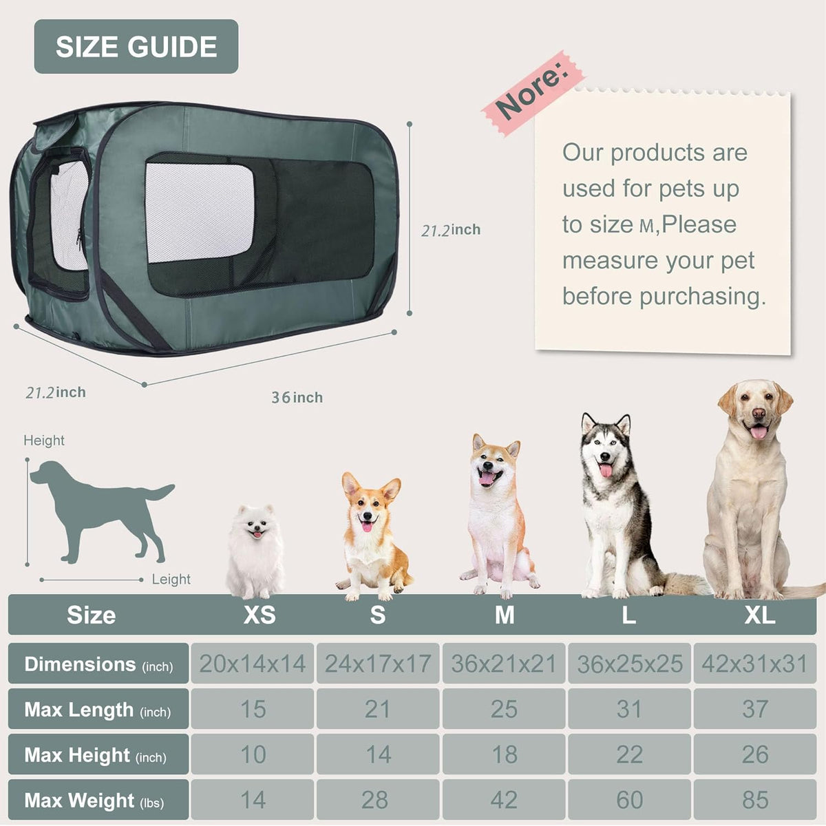 Foldable Dog Kennel for Medium Dogs 36-Inch, Portable Waterproof Dog Crate, Pop-Up Indoor/Outdoor Pet Cage & Car Seat Travel Bed, Green