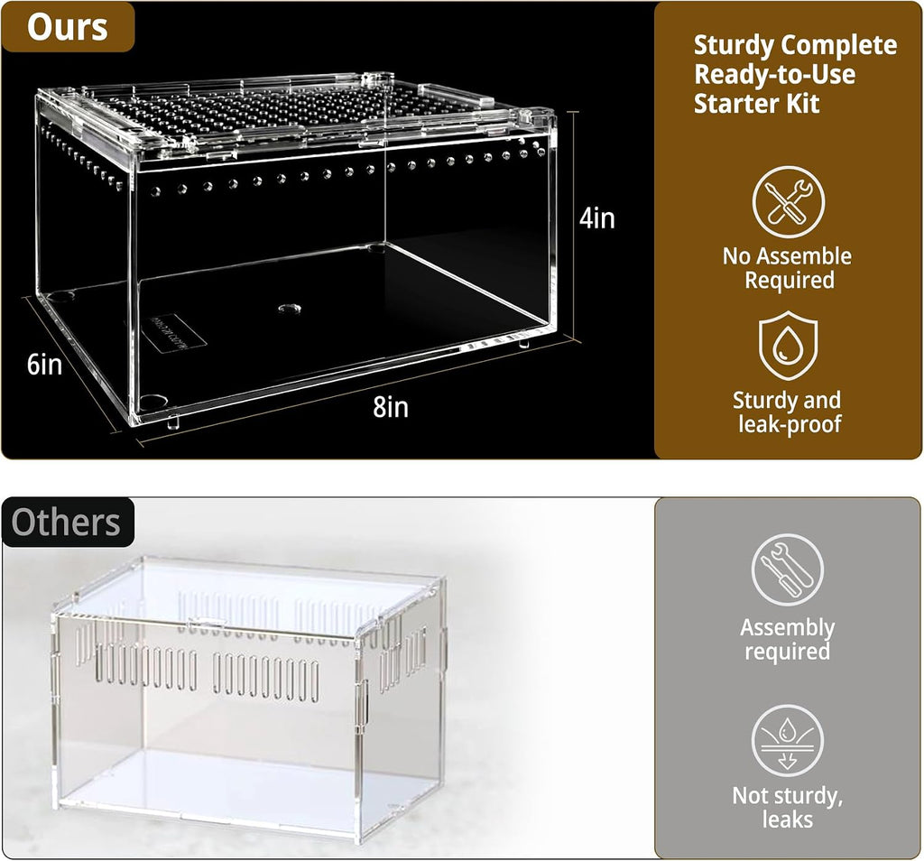 Reptile Terrarium Starter Kit, PC Habitat w/Magnetic Lid & Full Ventilation, Scorpion Habitat, Tarantula Enclosure, Spiders Cage, Insect Terrarium, Mantis & Small Frog Terrarium, 8"x6"x4" Assembled