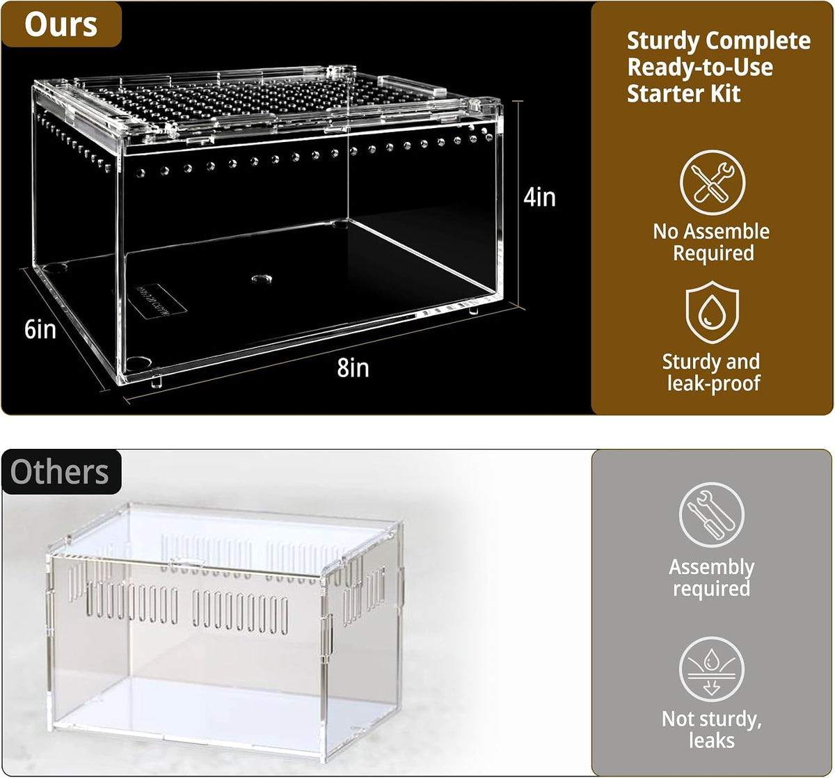 Reptile Terrarium Starter Kit, PC Habitat w/Magnetic Lid & Full Ventilation, Scorpion Habitat, Tarantula Enclosure, Spiders Cage, Insect Terrarium, Mantis & Small Frog Terrarium, 8"x6"x4" Assembled