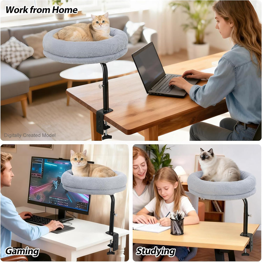 Sunhoo Cat Desk Bed 360° Rotating Height Adjustable Desktop Mount Hammock Kitten Perch Easy Setup Kitty Nest Table Clamp-on Attachment for Indoor Cats Washable 17" Diameter Hold Up to 40lbs（Grey）