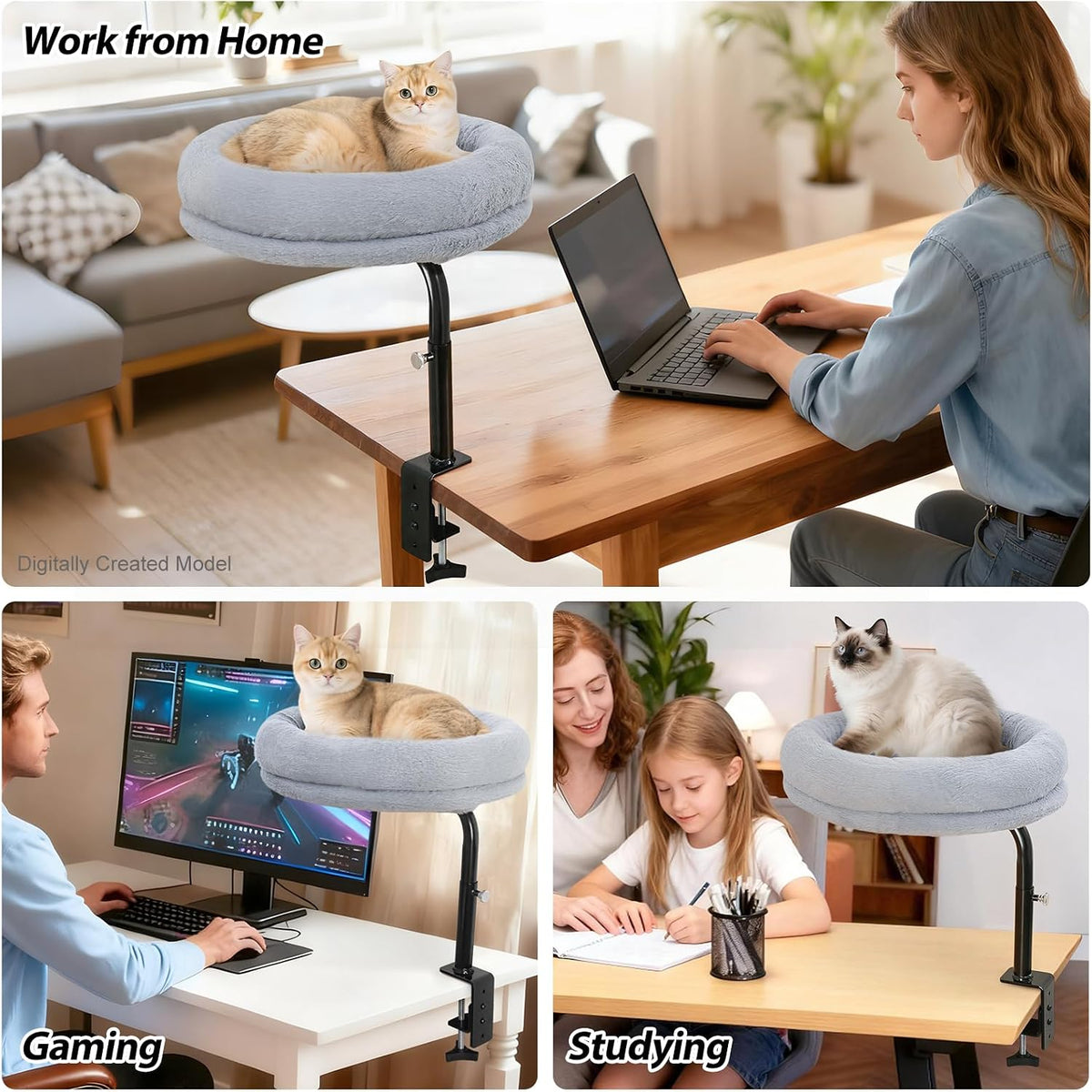 Sunhoo Cat Desk Bed 360° Rotating Height Adjustable Desktop Mount Hammock Kitten Perch Easy Setup Kitty Nest Table Clamp-on Attachment for Indoor Cats Washable 17" Diameter Hold Up to 40lbs（Grey）