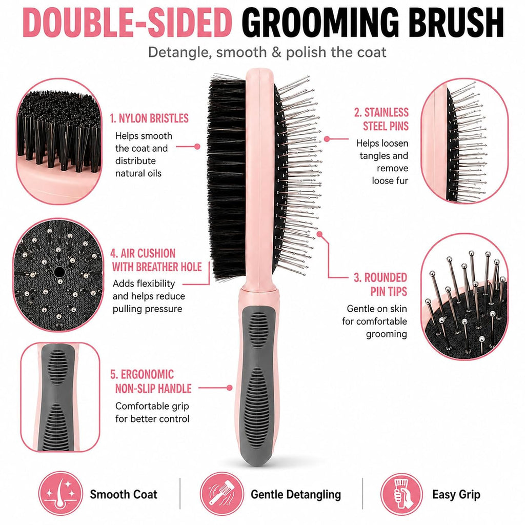 2PCS Double Sided Dog Grooming Brush w/Silicone Dog Bath Brush Pink