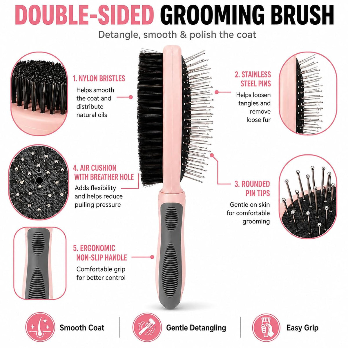 2PCS Double Sided Dog Grooming Brush w/Silicone Dog Bath Brush Pink