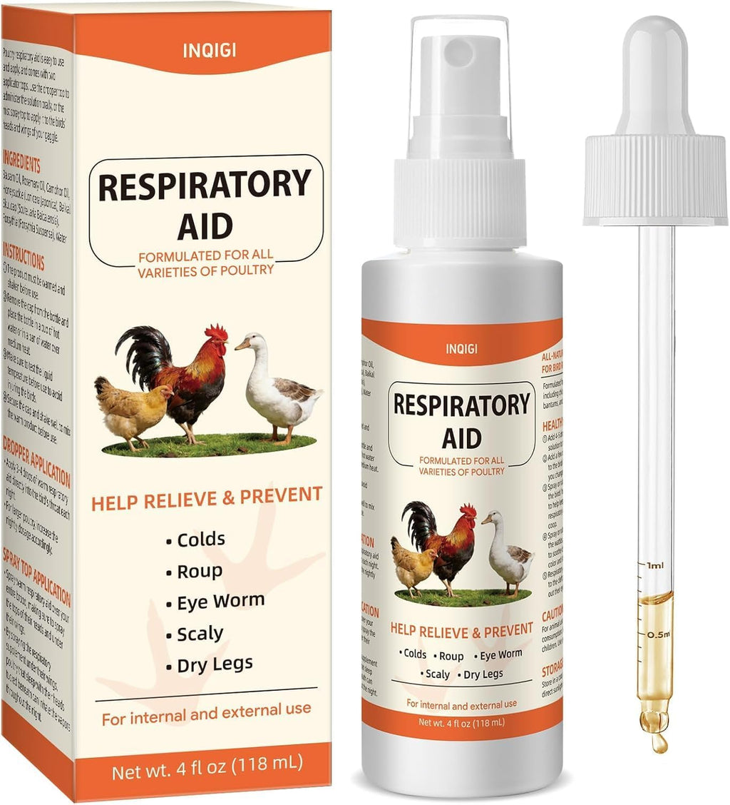 Respiratory Aid for Chicken, Poultry Supplement for Coughing, Sneezing & Nasal Relief, All-Bird Safe Formula, Drinking Water Additive, Dropper & Spray Top Included, 4Oz (118ml) Natural Liquid