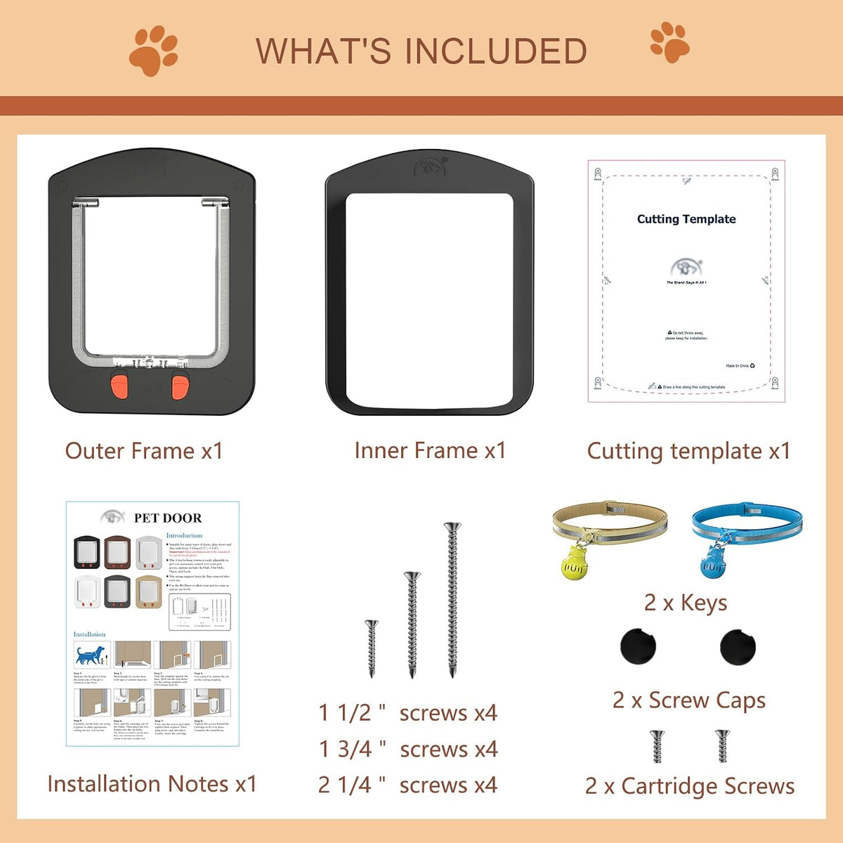 Smart Cat Door with Collar Sensor 2pcs 4 Way Locking Black