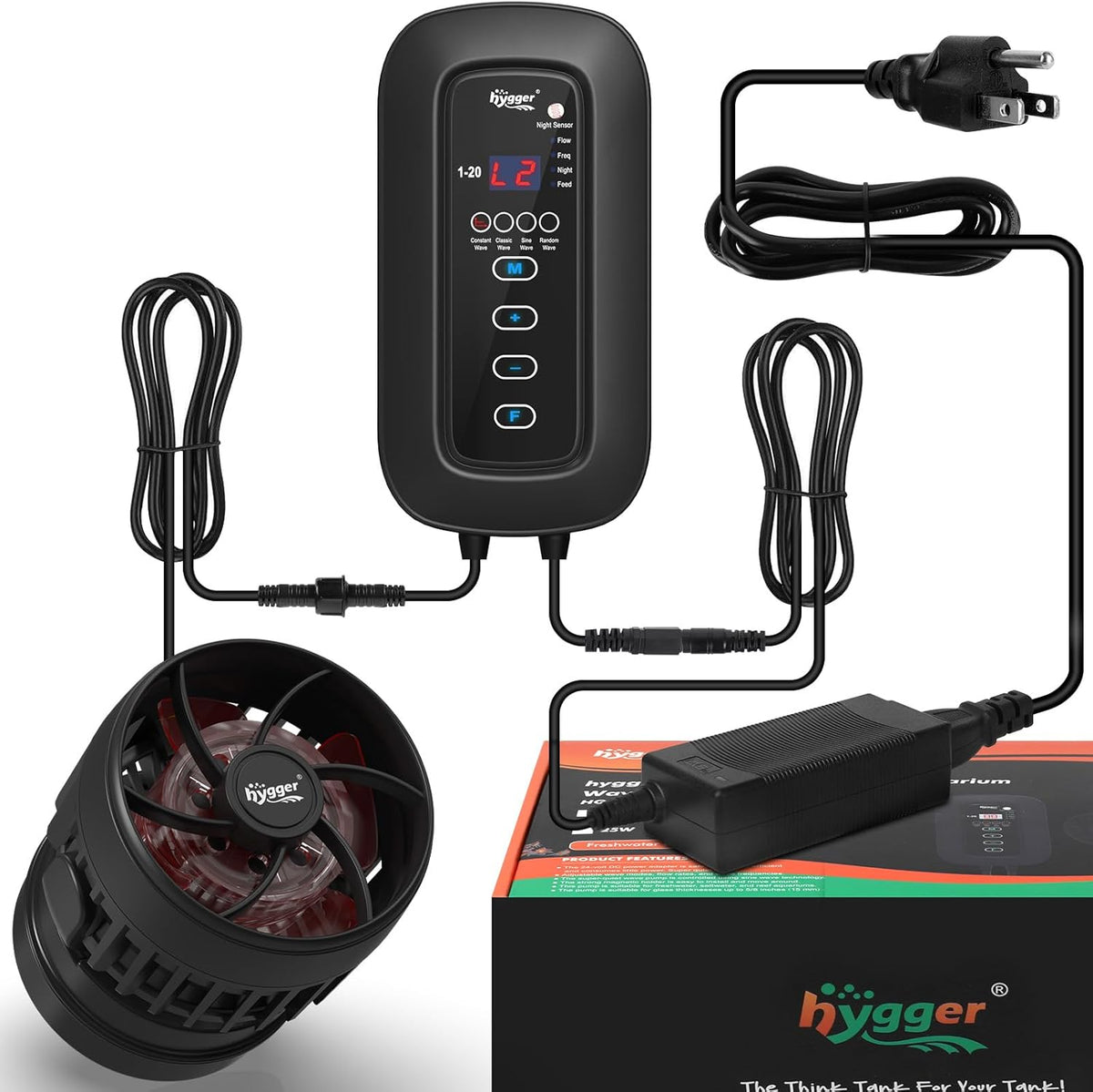 hygger DC Powerful Wave Maker For Aquarium, Quiet Aquarium Circulation Water Pump Adjustable Flow Freq, 4 Waves/Night/Feed Modes, Magnetic Holder Display Controller