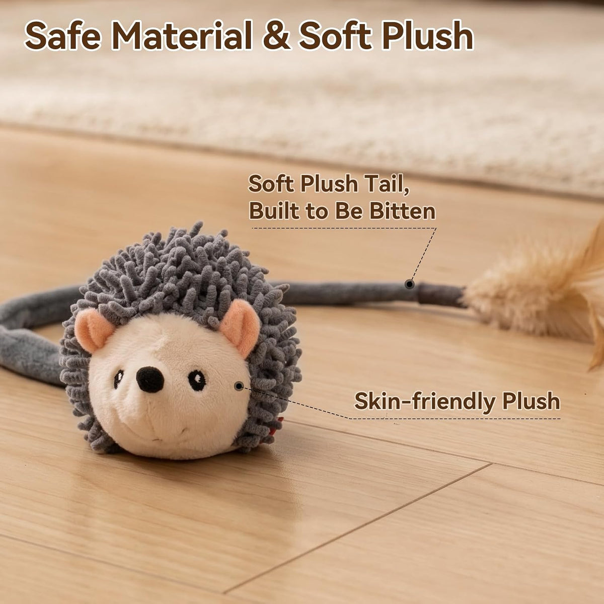 Migipaws Interactive Hedgehog Cat Toy 360° Rolling & Spin with Soft Plush Tail for Indoor Cats Smart Motion Sensor, Realistic Squeak, Rechargeable Plush Kitten Toy (Grey)