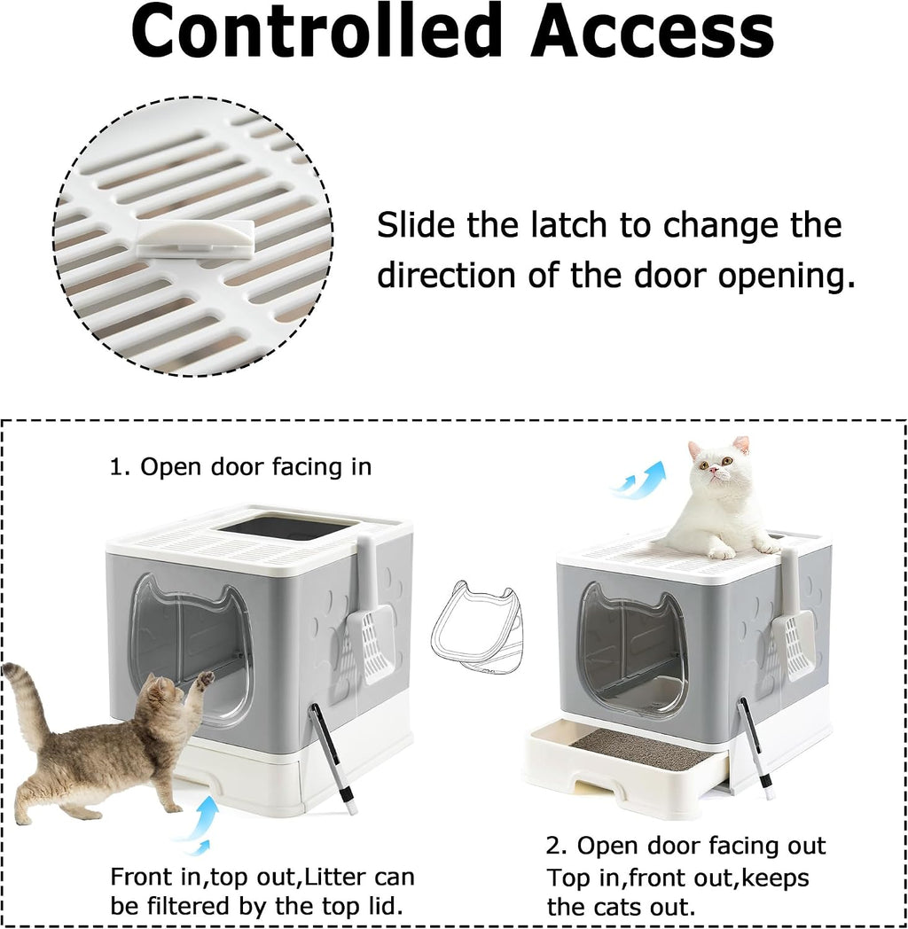 Cat Litter Box with Lid, Top Entry Kitten Litter Box with Controlled Access, Covered Enclosed Cat Potty Odor Control for Small to Medium Cats, Scoop and Clean Brush Included (Grey)