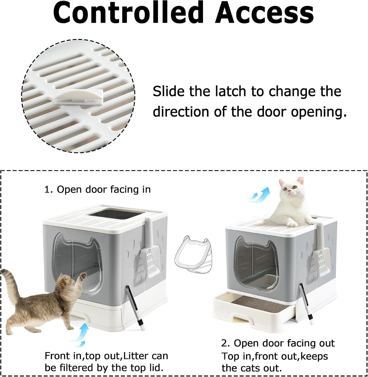 Cat Litter Box with Lid, Top Entry Kitten Litter Box with Controlled Access, Covered Enclosed Cat Potty Odor Control for Small to Medium Cats, Scoop and Clean Brush Included (Grey)