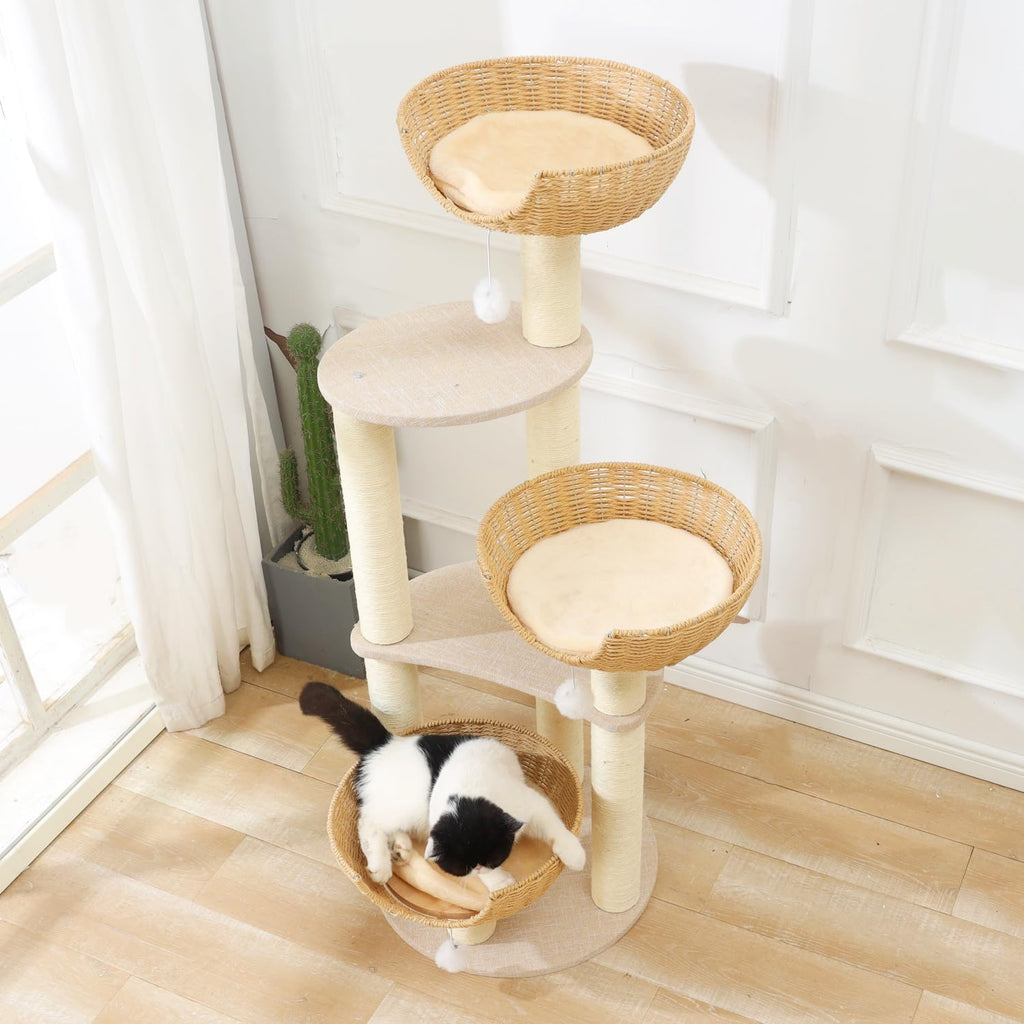 SHENGOCASE Modern Cat Tree Tower, Wooden Condo, 3 Large Rattan Wicker Basket Beds, Window Perch for Cats up to 20 lbs