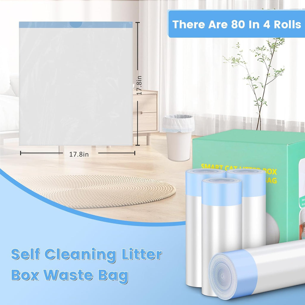 80 Count Cat Litter Bags, Self Cleaning Litter Box Liners, 18.2 x 18.2 inches Replacement Drawstring Bags Fit for Automatic Robot Box (80 Counts/4 Rolls）
