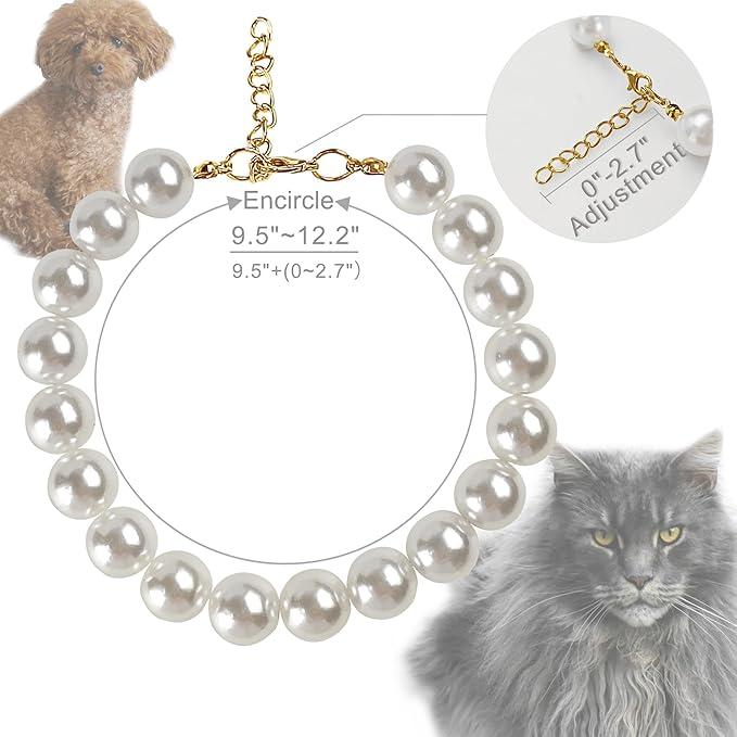 Chunky Pearl Dog Collar for Small Dogs Cats, Adjustable Beaded Dog Collar - Image 2
