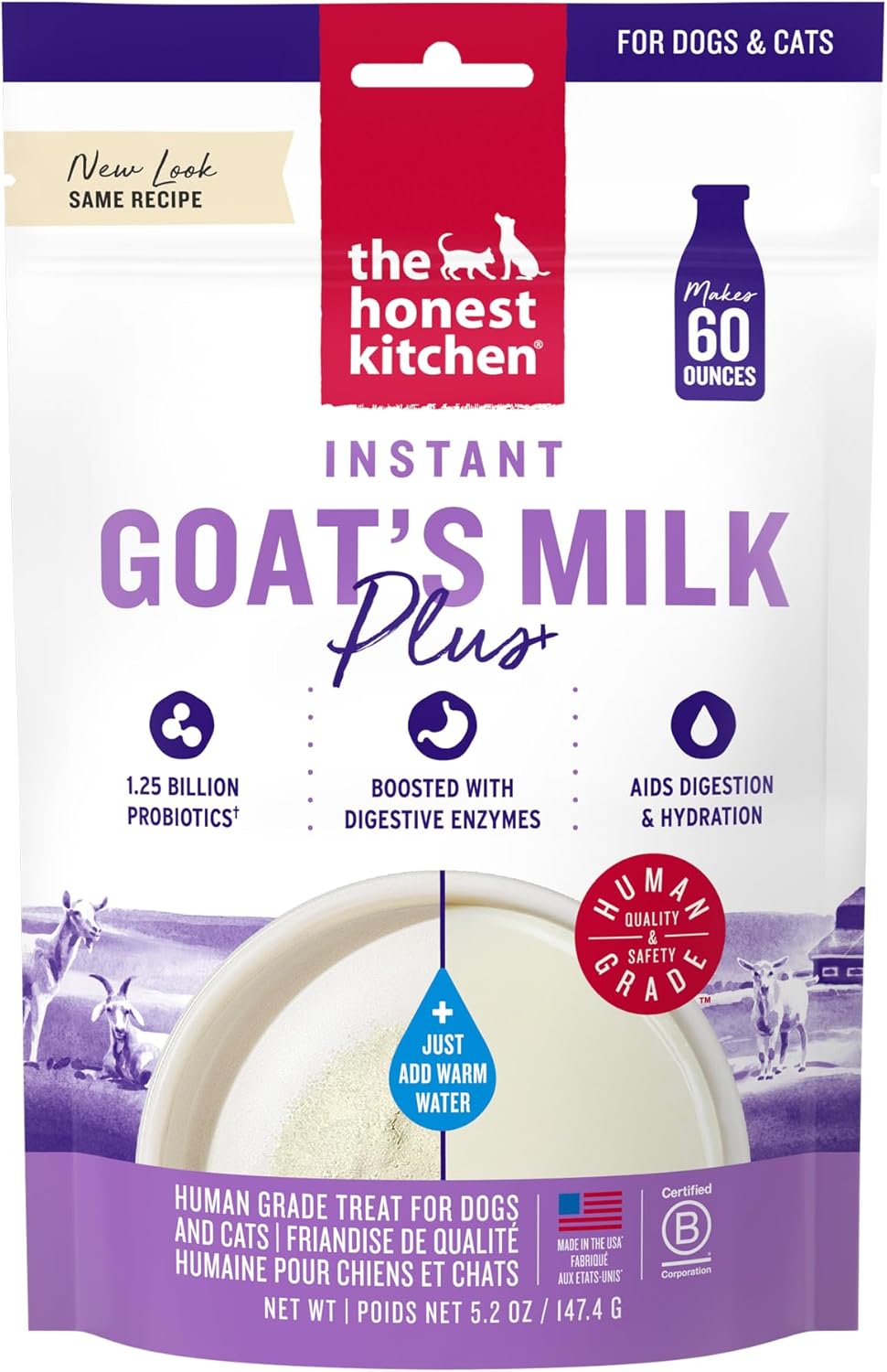 The Honest Kitchen Instant Goat’s Milk with Probiotics for Dogs and Cats, Human Grade Powder Drink Mix, Digestive Health Support, Food Topper or Treat, Just Add Water, 5.2 oz Pouch Makes 60 oz