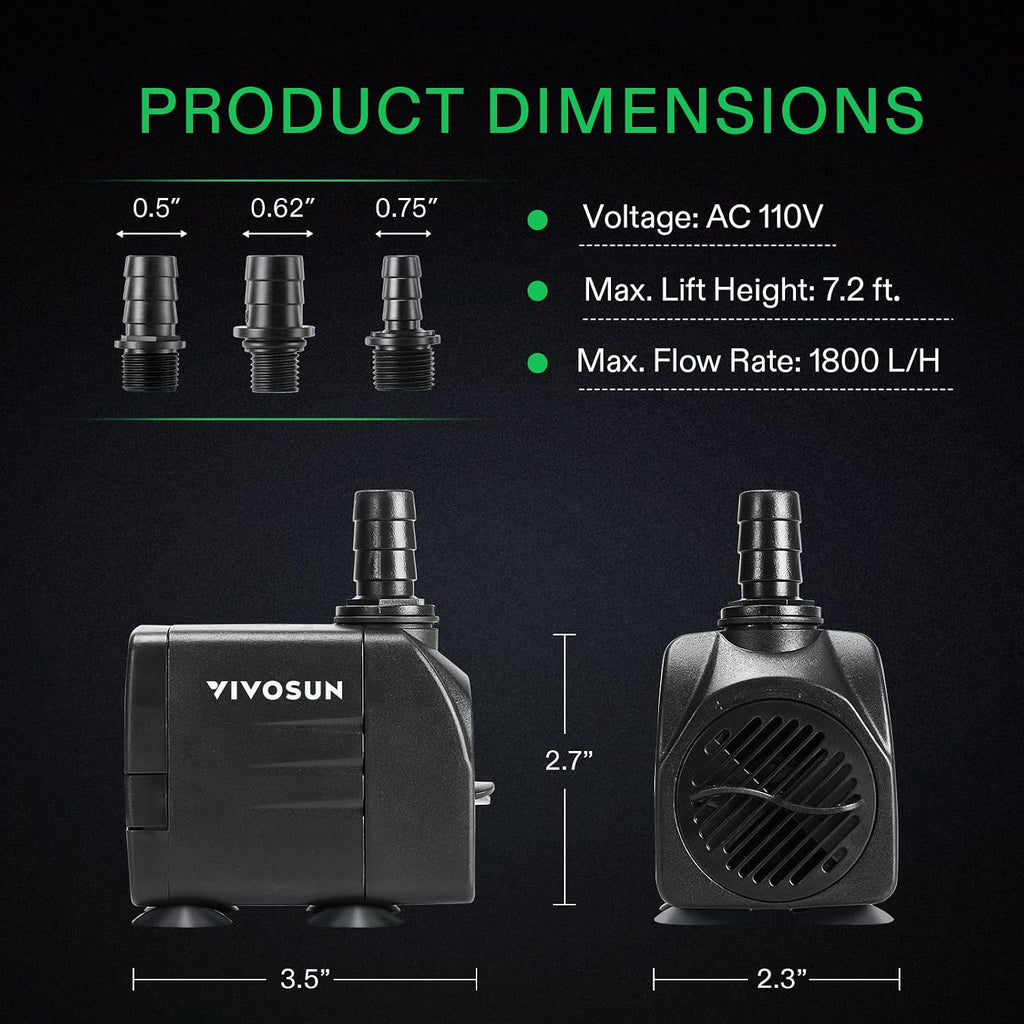 VIVOSUN 480GPH Submersible Water Pump, Fountain Pump with 7.2ft High Lift