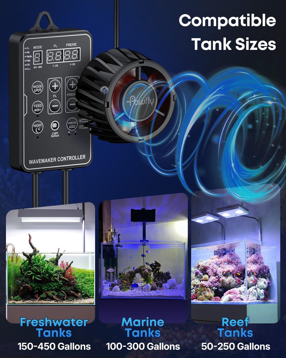 Pawfly Aquarium Powerhead 3400 GPH, Wave Maker for Aquariums DC 24V 20W, Power head for Aquariums, Aquarium Circulation Pump With Magnetic Base, Wavemaker for 50-450 Gallon Freshwater Saltwater Tank