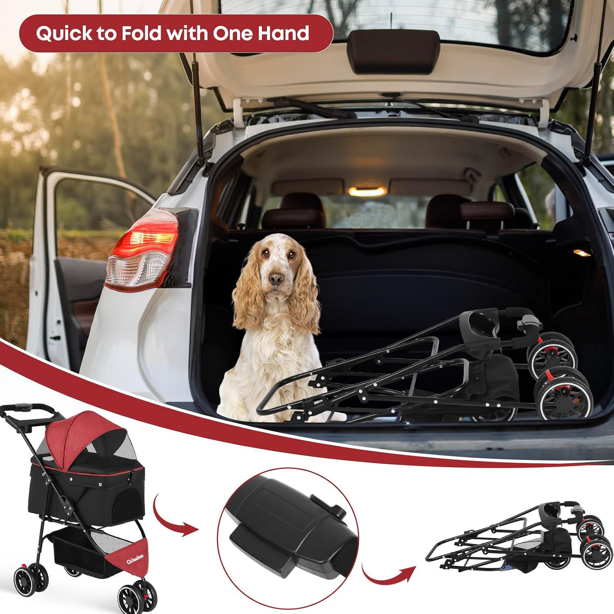 Pet Stroller,Dog Stroller for Small Medium Dogs Cats,3 Wheels,Red+Black