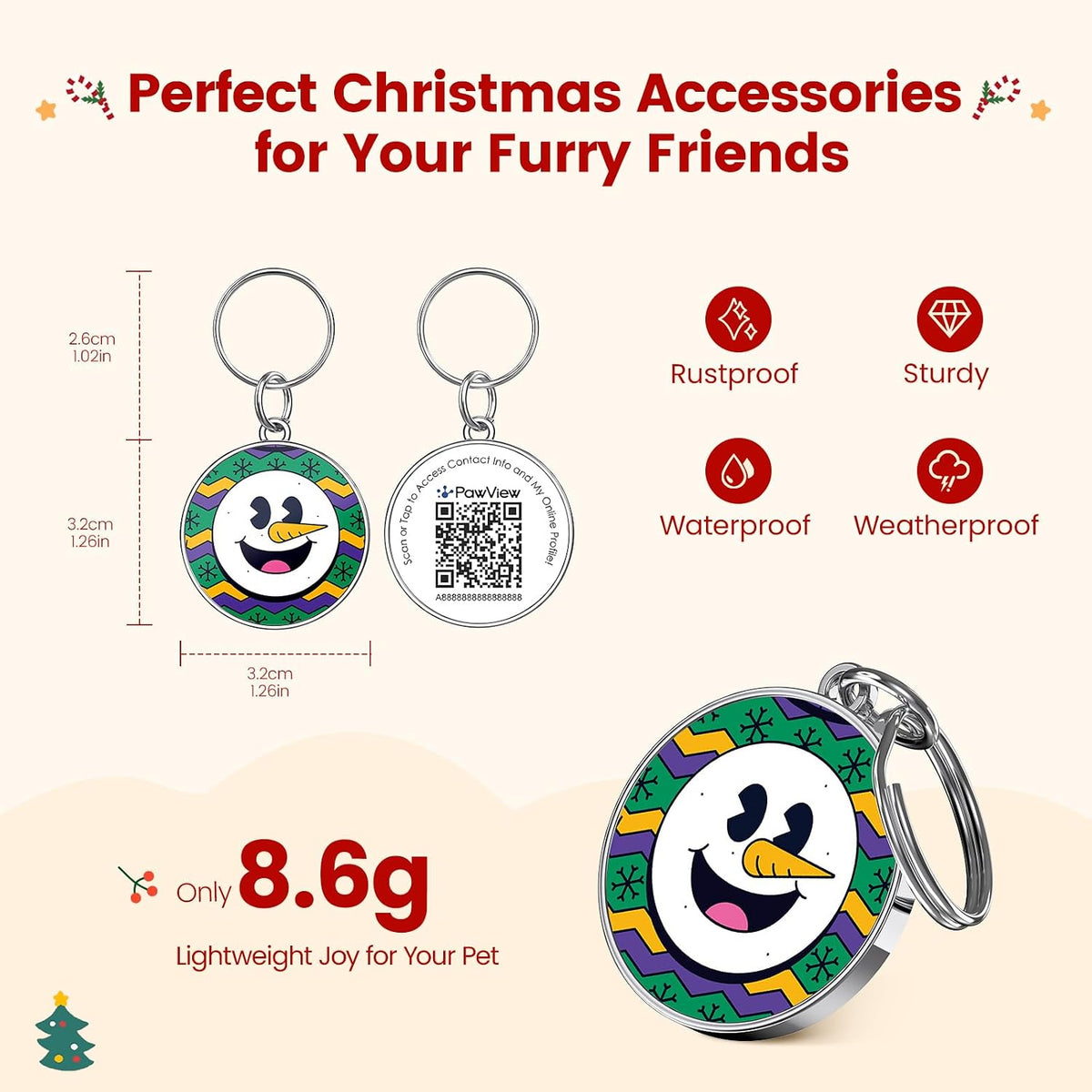 Holiday QR Code Dog ID Tag for Dogs, Christmas Pet Collar Charm, Scan QR for Instant Contact Info & Location Alerts, No Battery, No Monthly Fee