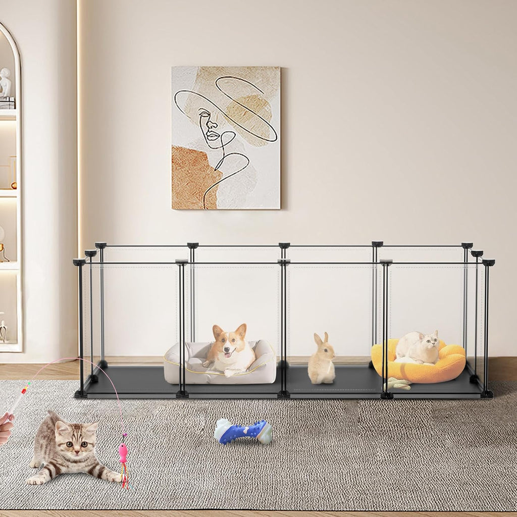 Small Animal Playpen with Waterproof Mat, 12-Piece Translucent Plastic Panels for Indoor and Outdoor Use, DIY Exercise Fence for Kittens, Rabbits, Guinea Pigs, Hedgehogs, and Hamsters
