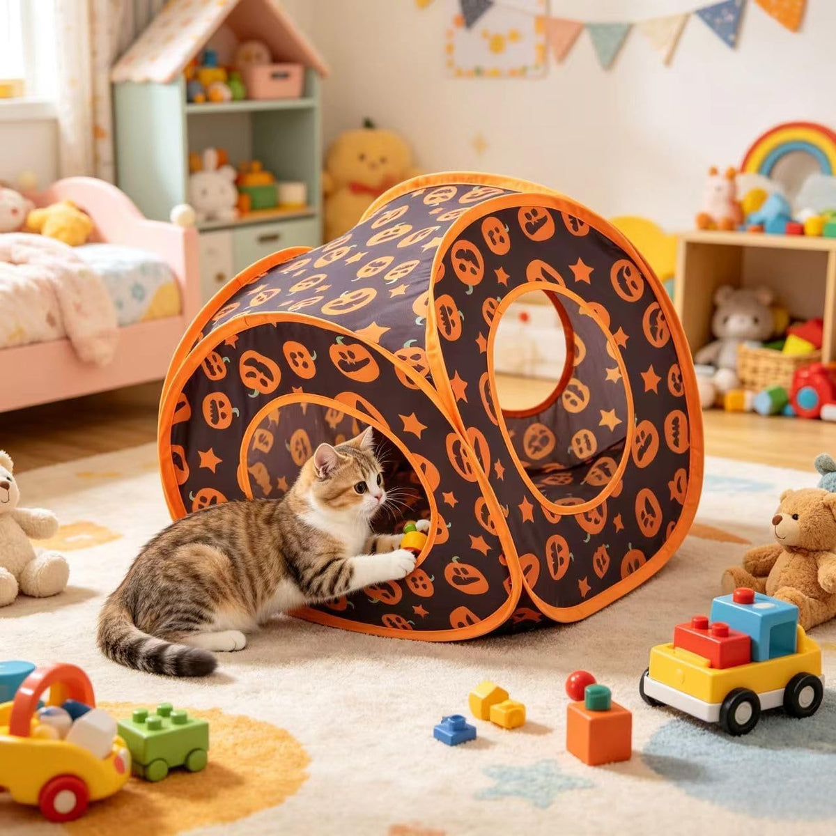 Halloween Cat Tent Cube for Indoor Cats, Pop Up Kitten Play Tunnel House, Collapsible Pet Hideaway Cave Box Toys with 3 Holes, Pumpkin Hut