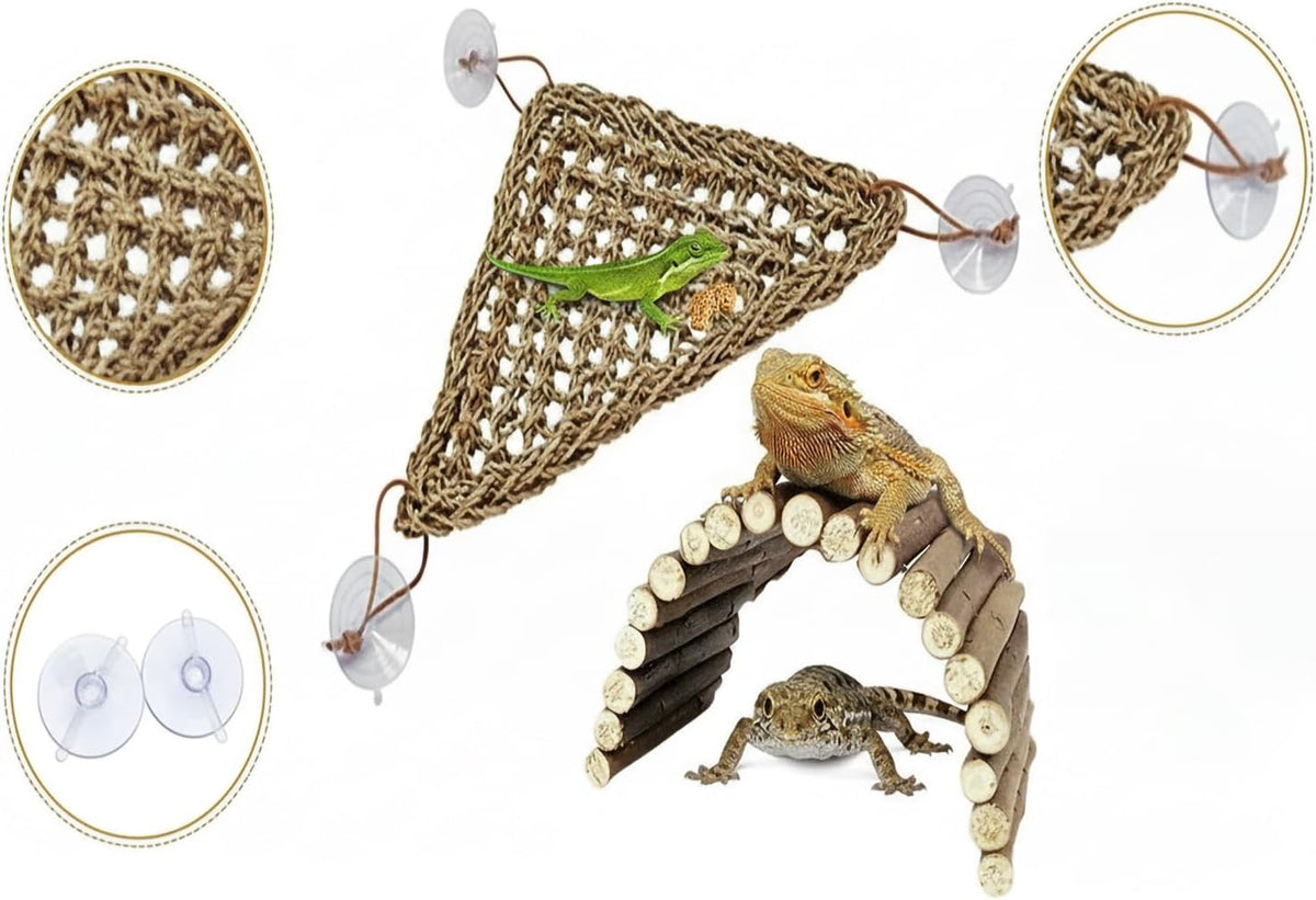 Bearded Dragon Hammock, Reptile Tank Decor with Climbing Hammock & Natural Wood Hideout for Bearded Dragon, Leopard Gecko, Lizards, Snakes, Tortoises Habitat Enrichment