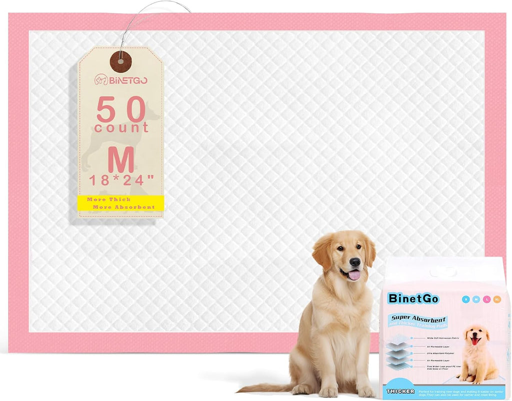 BinetGo Pink Disposable Pee Pads for Dogs, 50 Count 18” x 24” Medium Wee Wee Pads for Urine, Extra Absorbent Unscented Puppy Pads, Pet Training Pads for Dogs, Pink Doggy Pee Pads for Indoors