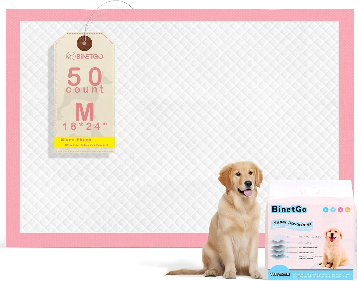 BinetGo Pink Disposable Pee Pads for Dogs, 50 Count 18” x 24” Medium Wee Wee Pads for Urine, Extra Absorbent Unscented Puppy Pads, Pet Training Pads for Dogs, Pink Doggy Pee Pads for Indoors