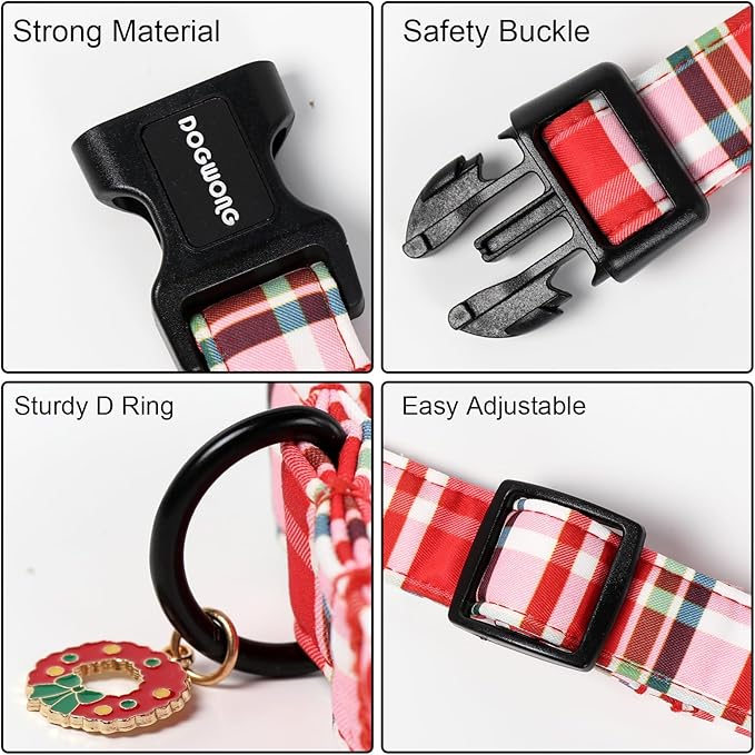 DOGWONG Christmas Dog Collar, Adjustable Red Checkered Pet Collars Christmas - Image 3