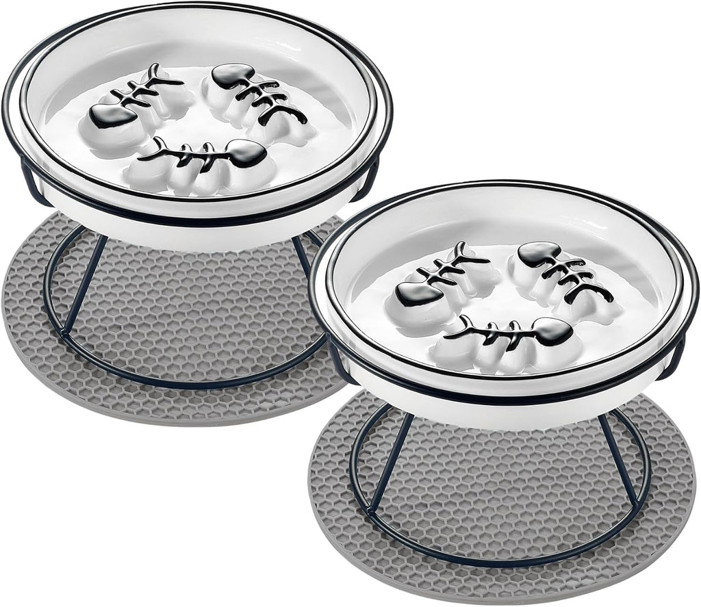 Ceramic Elevated Cat Bowls Set, Anti Vomit, Removable Dishes, Black 2-Pack