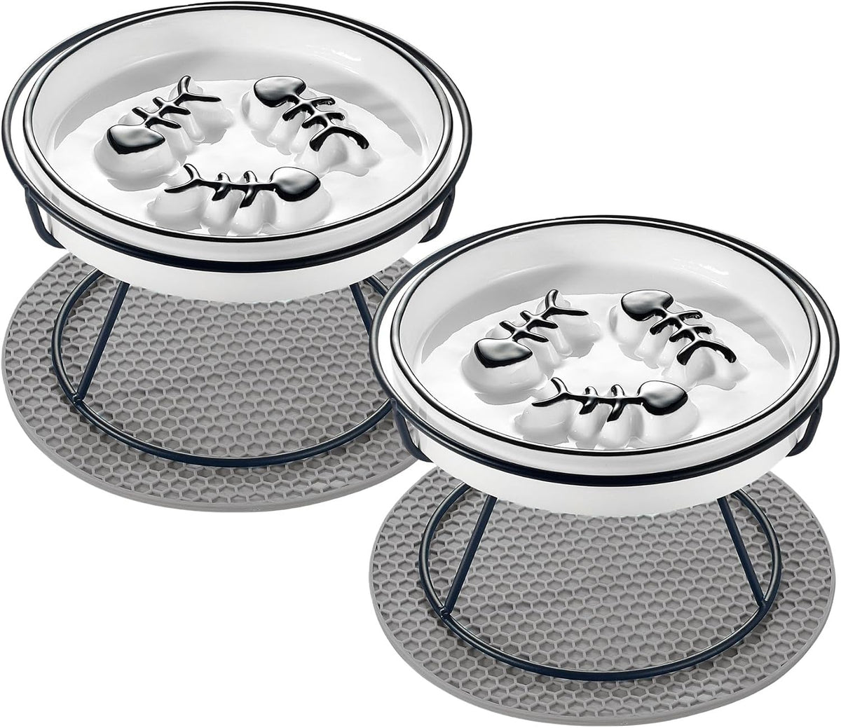Ceramic Elevated Cat Bowls Set, Anti Vomit, Removable Dishes, Black 2-Pack