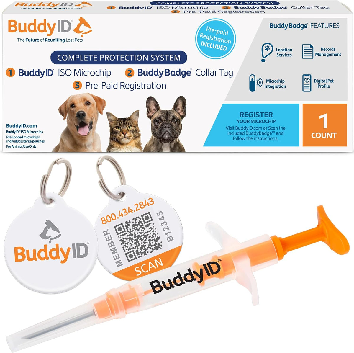 BuddyID Complete Protection System with ISO Microchip & QR Pet Tag, 1ct