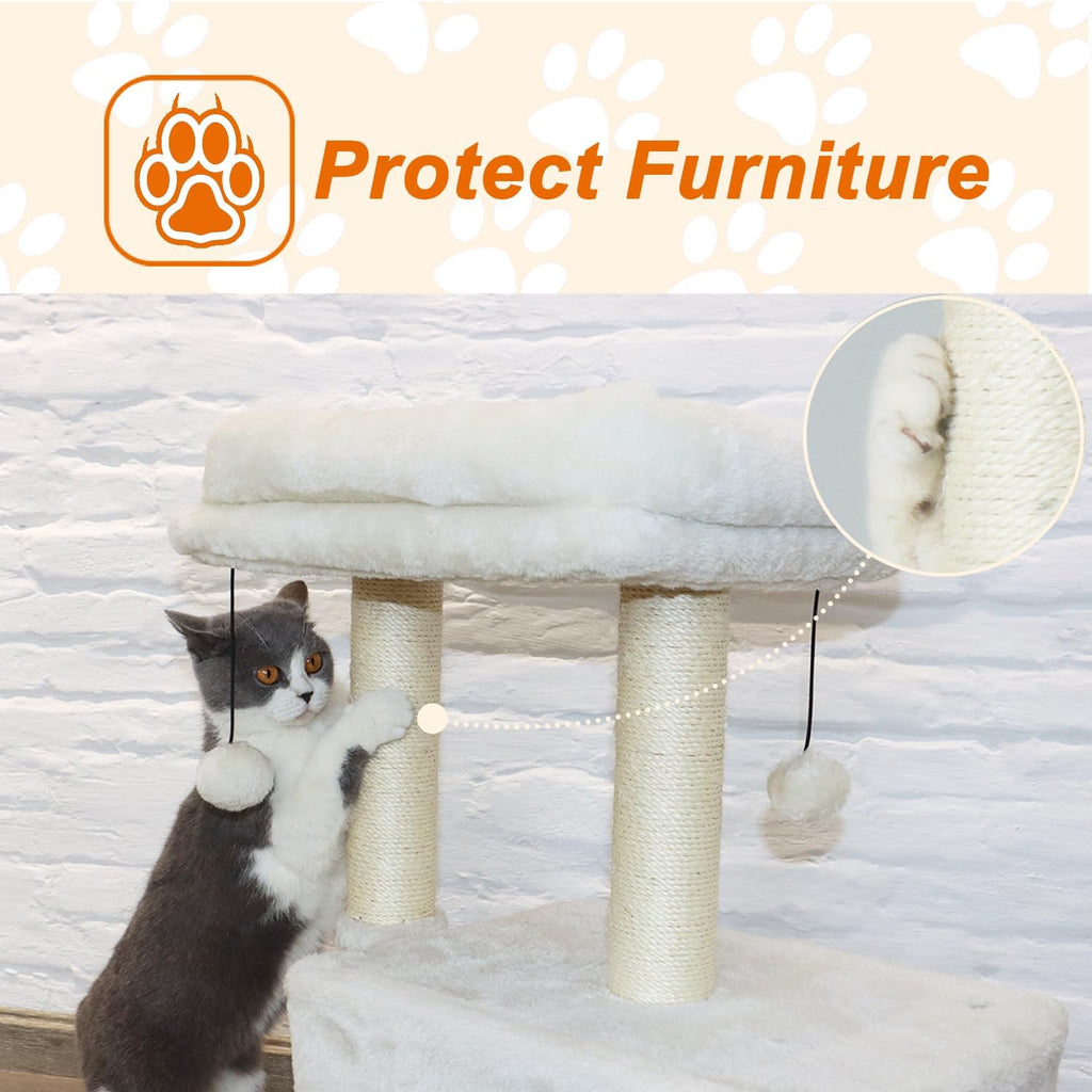 PEEKAB Small Cat Tree Tower,Scratching Post with Condo and Perch for Indoor Cats and Kittens,with Dangling Ball Massage Brush,Beige