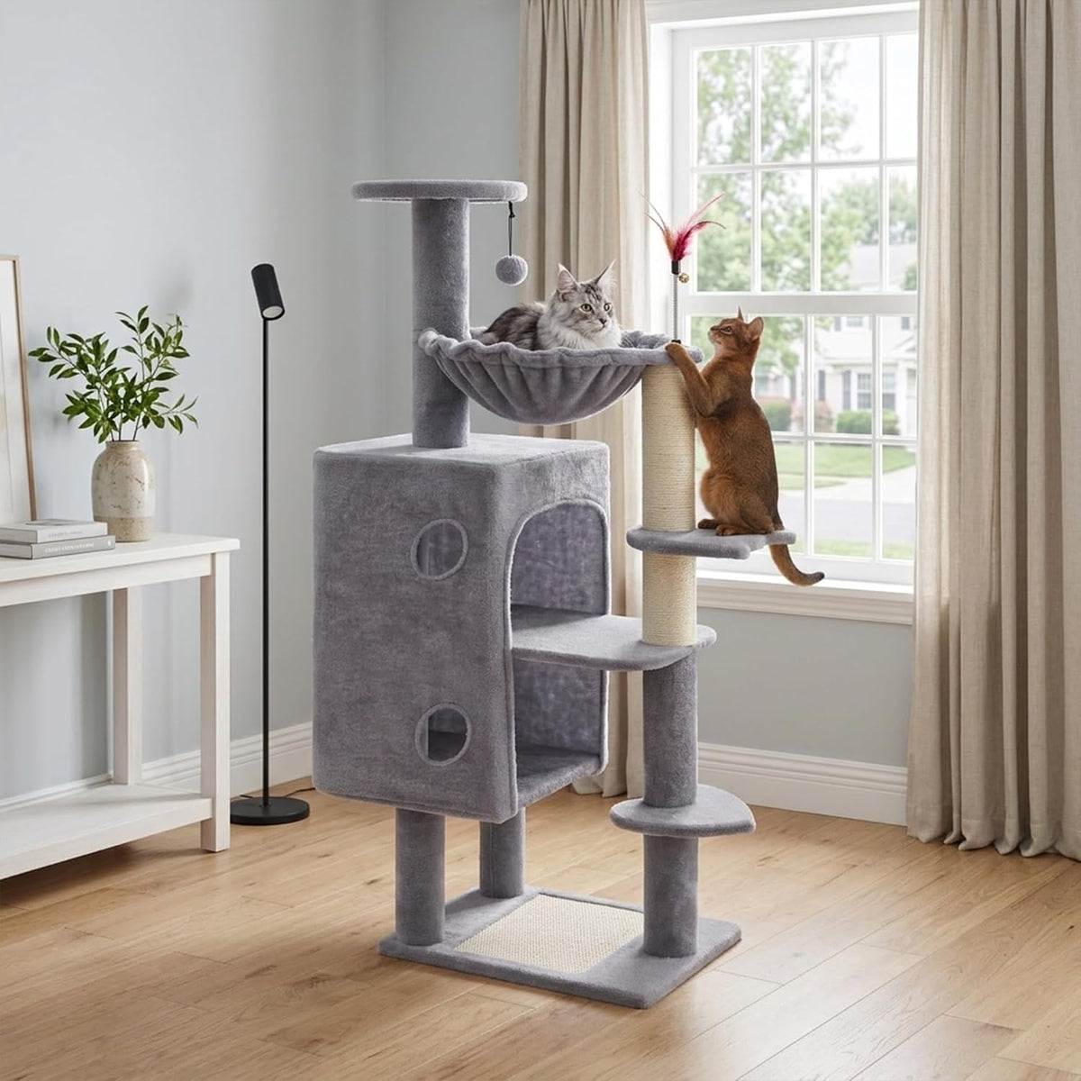 HUITREE 45.3" Tall Cat Tower, Multi Level Cat Tree with Cat Condo, Hammock, and Natural Sisal Scratching Posts & Scratch Pad (338G)