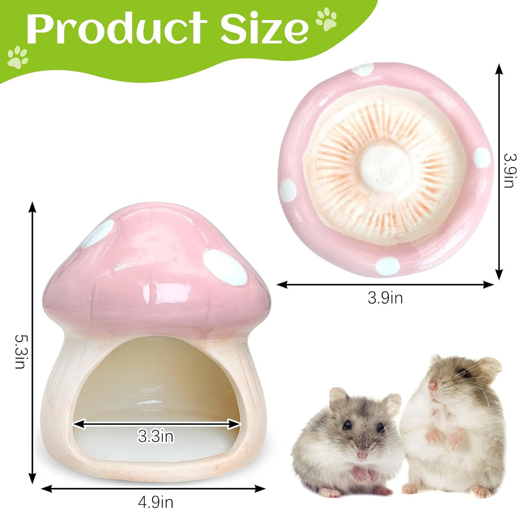 BNOSDM Ceramic Hamster Hideout and Food Bowl Set Cute Mushroom Shape Hamster House and Habitat Cool Hamsters Hide Suitable for Syrian, Mice, Dwarf Hamsters, Gerbils (Pink)