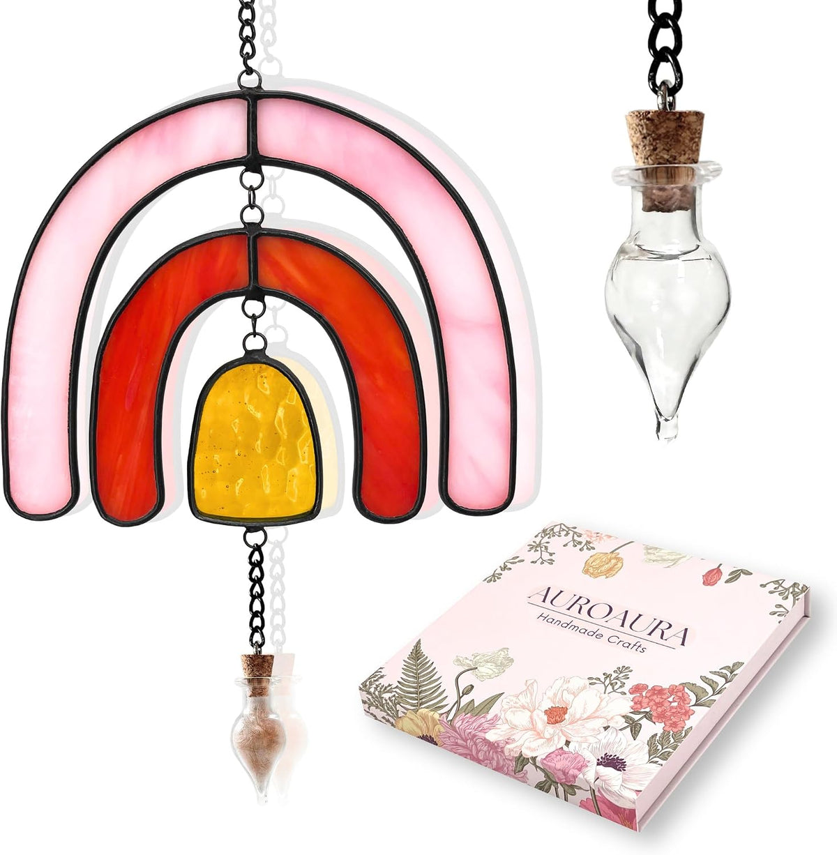 Rainbow Bridge Pet Memorial Gift for Loss of Dog, Stained Glass Jar & Bottle for Fur, Hair, Whiskers or Ashes Keepsake Urn, Sympathy Gift for Pet Bereavement & Remembrance - Pink