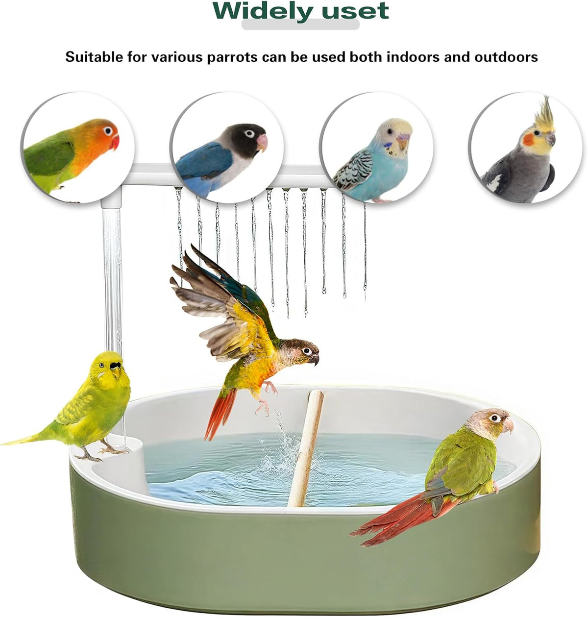 Parrot Bathtub, Automatic Bird Bath with Pump, Bird Bath Shower, Automatic Circulating Water Bathtub for Lovebird, Cockatiel, Finches, Cockatoo, Conure, Green