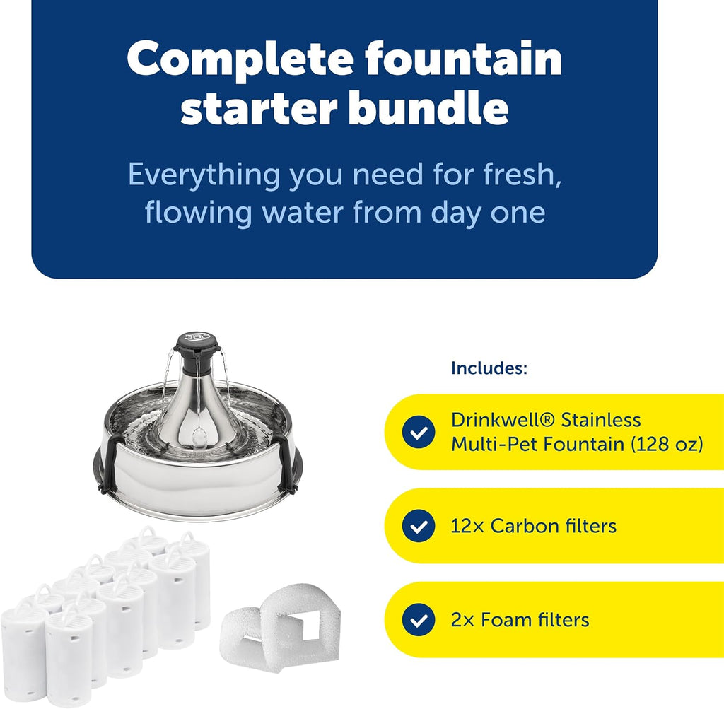 PetSafe Drinkwell Stainless 360 Multi-Pet Cat Water Fountain, 128oz, 12-Pk