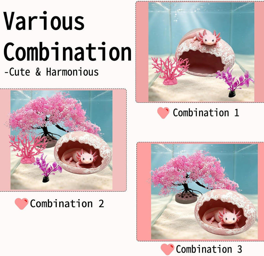 Axolotls Hide for Aquarium with Silk Plants for Tank Decor,Ceramic Aquarium Cave for Axolotls (Large, Pink)