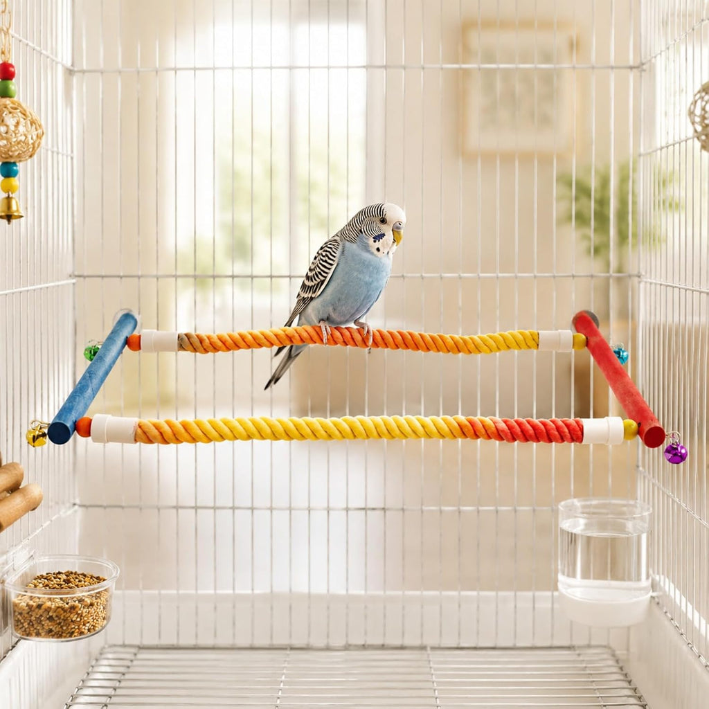 Bird Rope Perch for Cage, Climbing Perch with Bells, Long Activity Stand for Cockatiels, Conures, Parakeets and Budgies, Bird Cage Accessories for Climbing, Standing and Playing