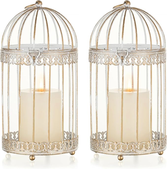 NUPTIO Decorative Bird Cage Lantern: 2 Set of 10 inch Tall Rustic White by Nuptio