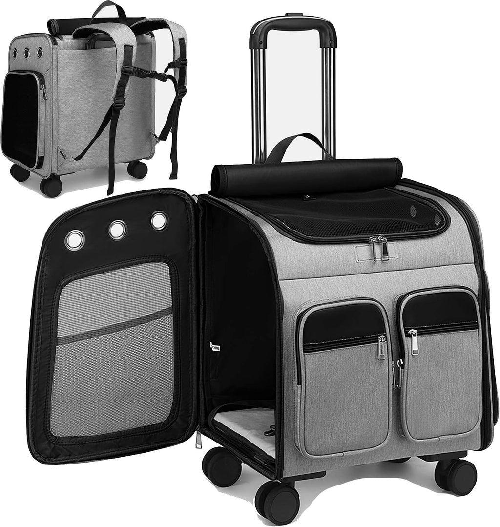 Wheeled Pet Carrier Backpack Pet Stroller, Travel Carrier, Car Seat for Small Dogs Cats Puppies, Comfort Cat Backpack Removable Rolling Wheels – Mesh Ventilation Windows (Black)