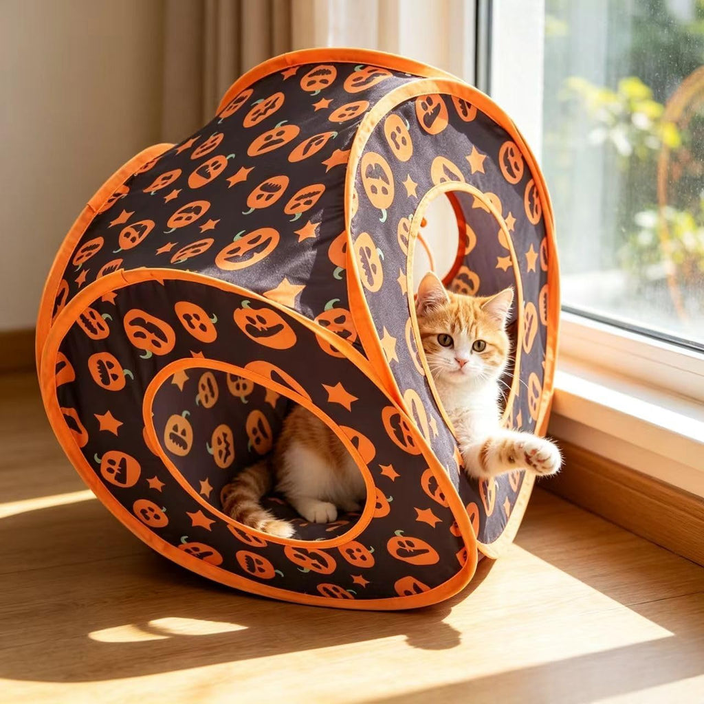 Halloween Cat Tent Cube for Indoor Cats, Pop Up Kitten Play Tunnel House, Collapsible Pet Hideaway Cave Box Toys with 3 Holes, Pumpkin Hut