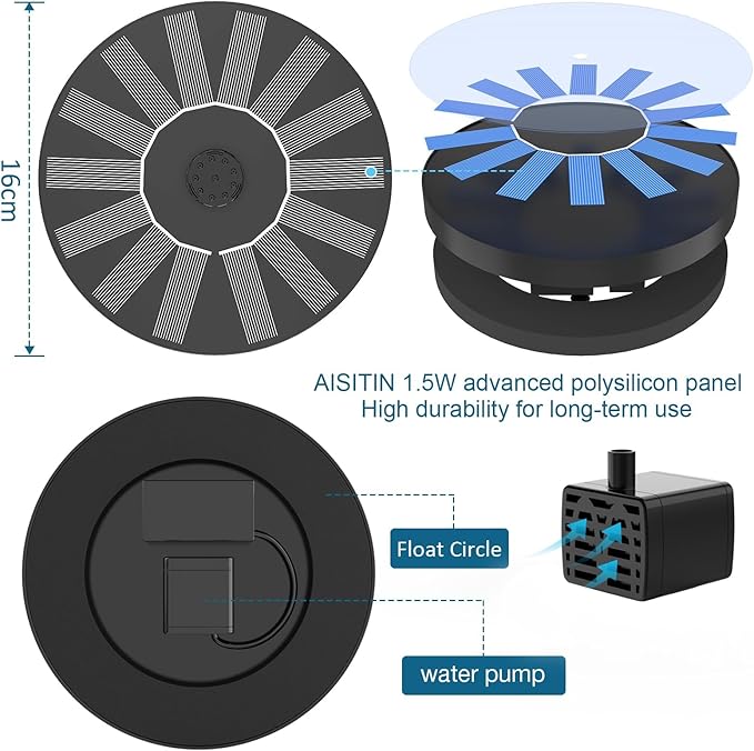 AISITIN Solar Bird Bath Fountain Pump, Solar Fountain Pump - Image 6