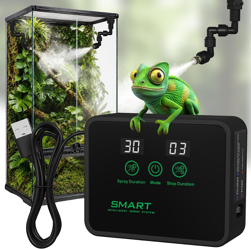 Reptile Mister, Automatic Reptile Misting System with Timer, 360°Adjustable Spray Nozzles, Humidifier for Amphibians Terrariums Rainforest Plants