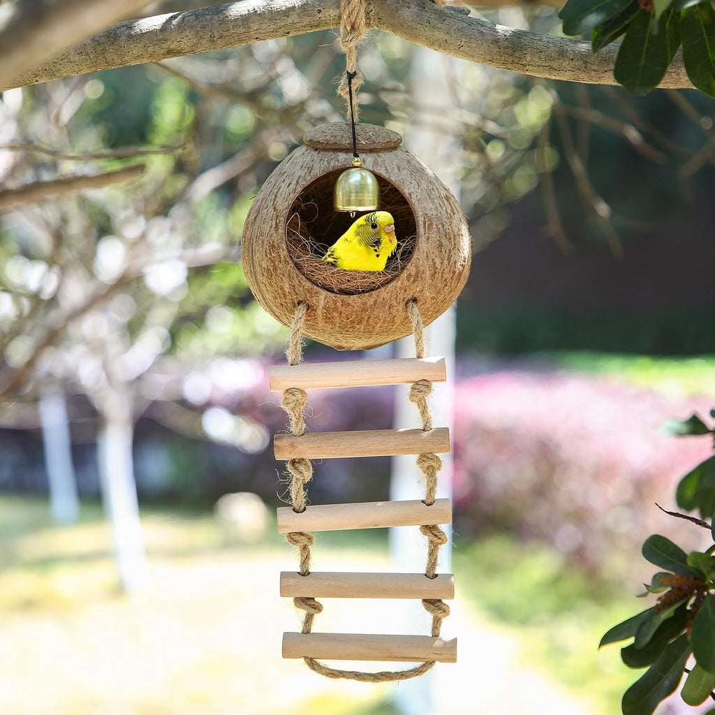 Briwooody Coconut Shell Bird Nest House Breeding Bed Nestingand Anti-Pecking Bite with Natural Coir Fiber Bird Nest Toy Bell for Parrot Budgie Parakeet Cockatiel Conure Lovebird Canary Finch(Classic)