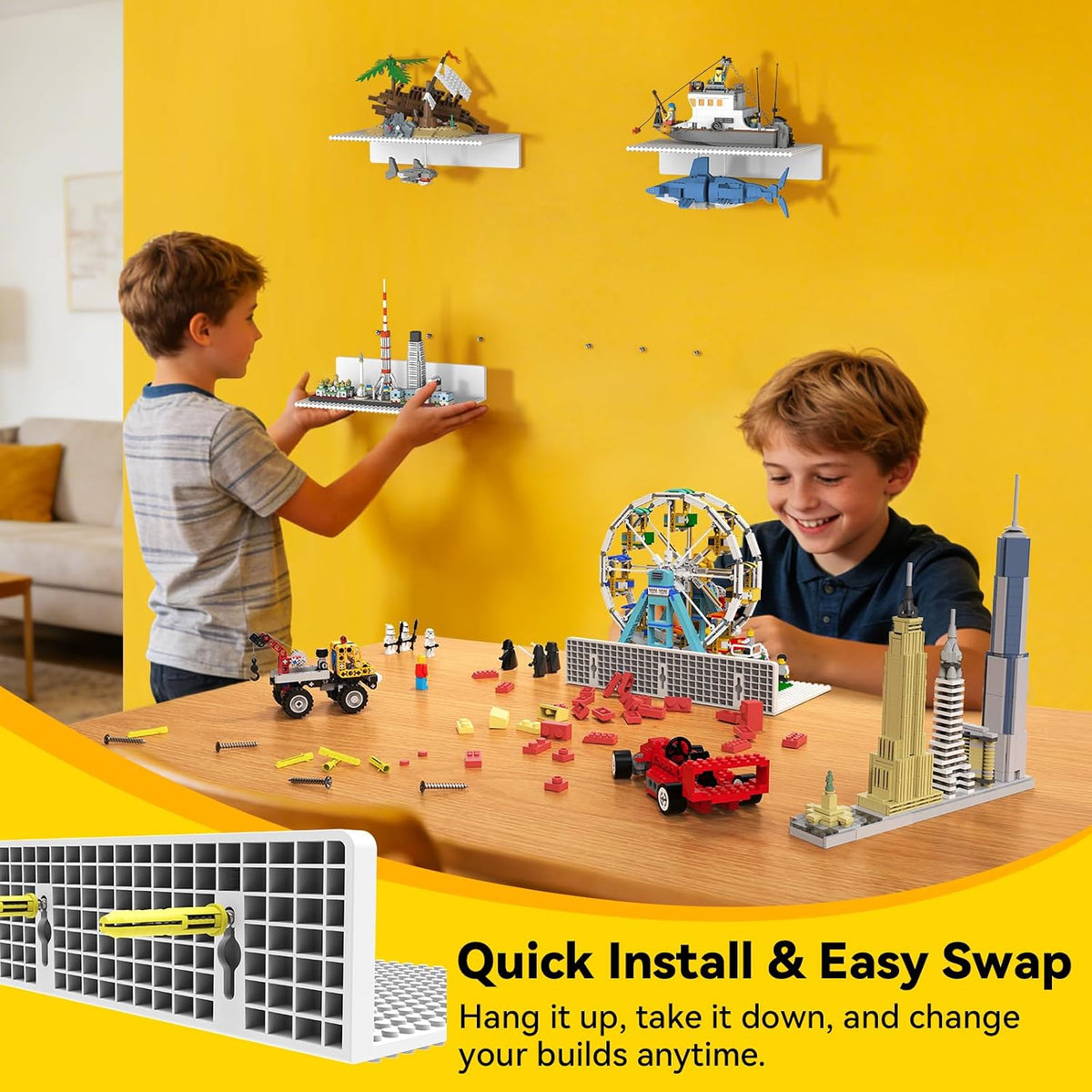 BlissBox 4-Pack Floating Shelves for Wall Compatible with Lego Bricks,White