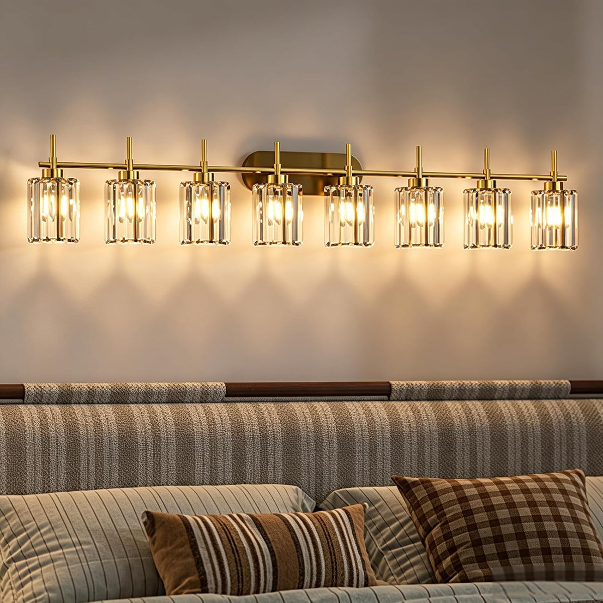 Hasipu 8-Light Brushed Gold Vanity Light Fixtures with Clear Crystal Shade